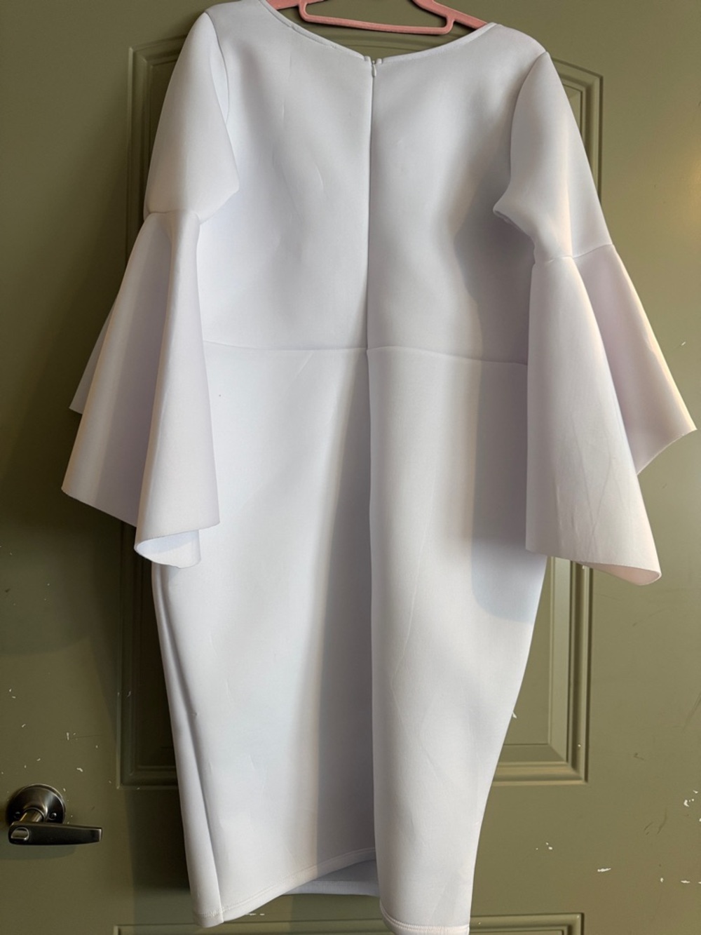 White Midi Sheath Dress with Dramatic Ruffle Sleeves - Picture 2 of 8